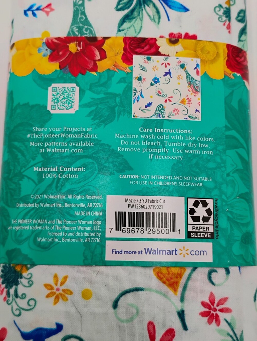 Pioneer Woman 100% Cotton "Mazie" Blue Bird And Floral Print 3 Yards Fabric - Picture 3 of 4